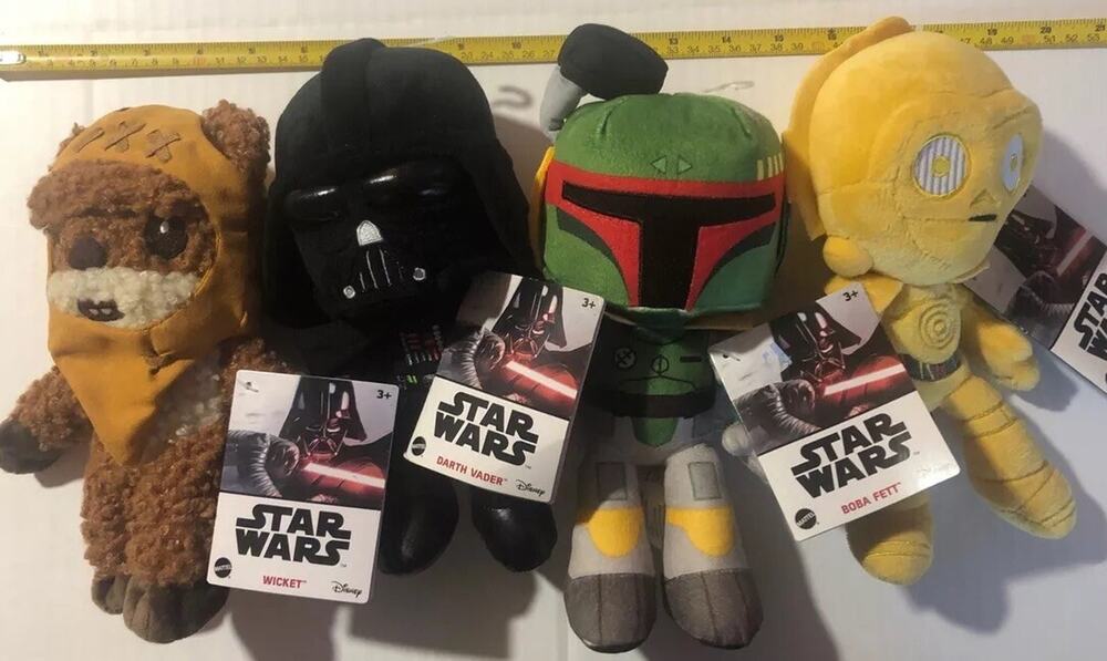 Star Wars Plushes Boba Fett, Darth Vader, C3PO Ewok NWT Lot Of 4